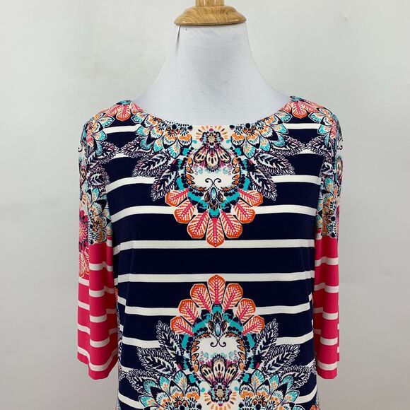 Eliza J Shift Dress Womens 8 Short Sleeve Floral Stripe Back Zip Lined Stretch - Picture 5 of 15